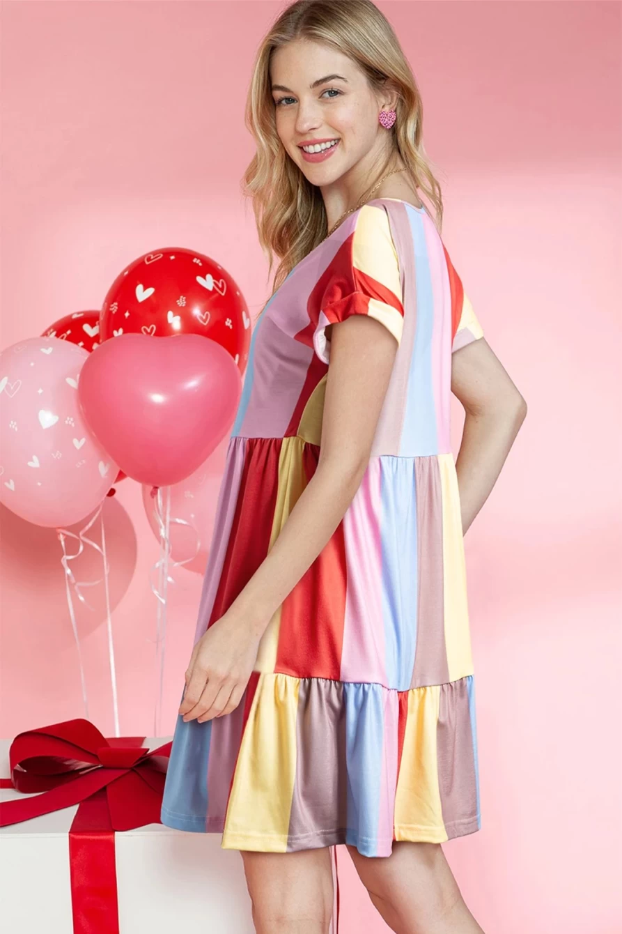 Women's Red Striped Color Block Tie Short Sleeve Dress by Shewin - Trendy Multicolor Summer Outfit
