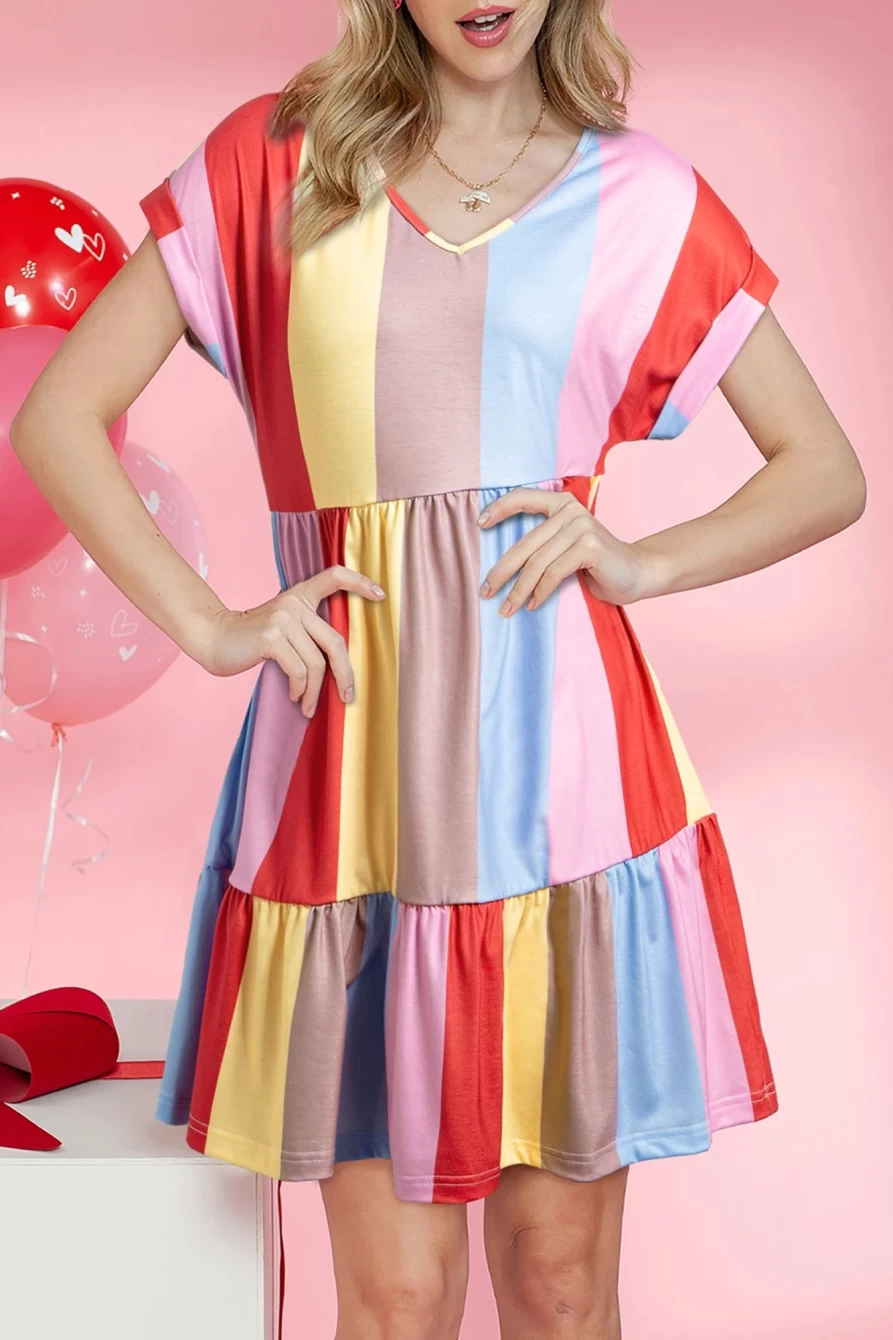 Women's Red Striped Color Block Tie Short Sleeve Dress by Shewin - Trendy Multicolor Summer Outfit