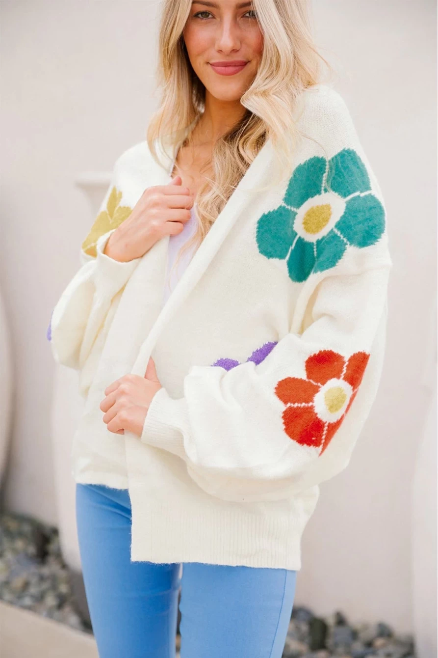 Shewin Women's Bright White Floral Jacquard Bubble Sleeve Open Front Cardigan