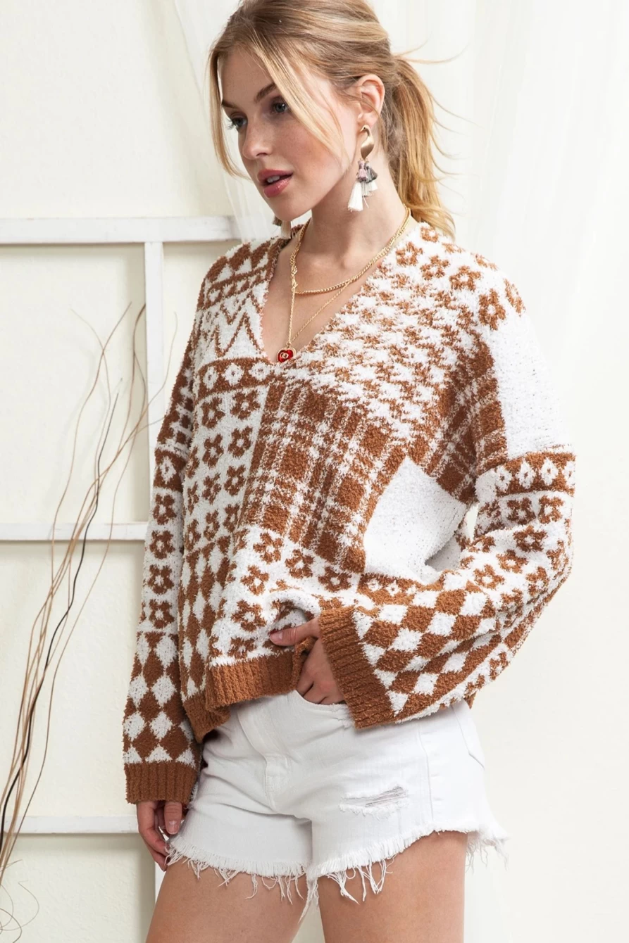 Shewin Women's Brown Oversized V-Neck Sweater with Mixed Pattern Design