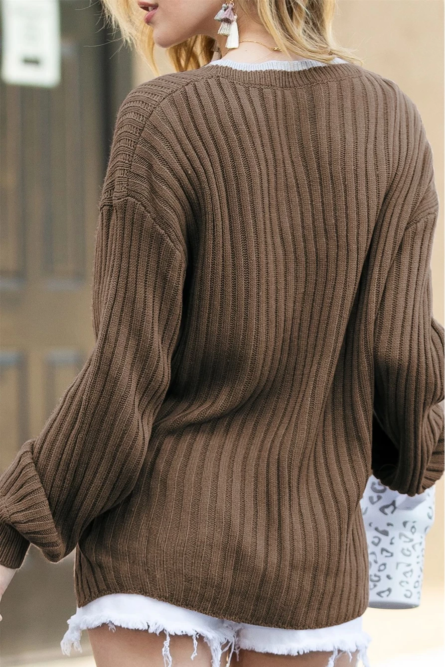 Shewin Women's Smoke Gray Ribbed Sweater with Contrast Neckline & Drop Sleeves