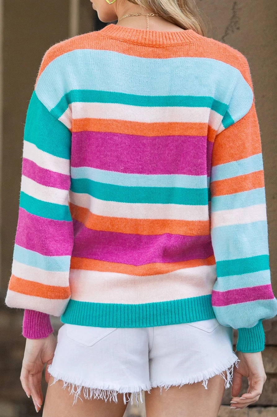 Shewin Women's Multicolor Striped Knit Drop Shoulder Lantern Sleeve Sweater