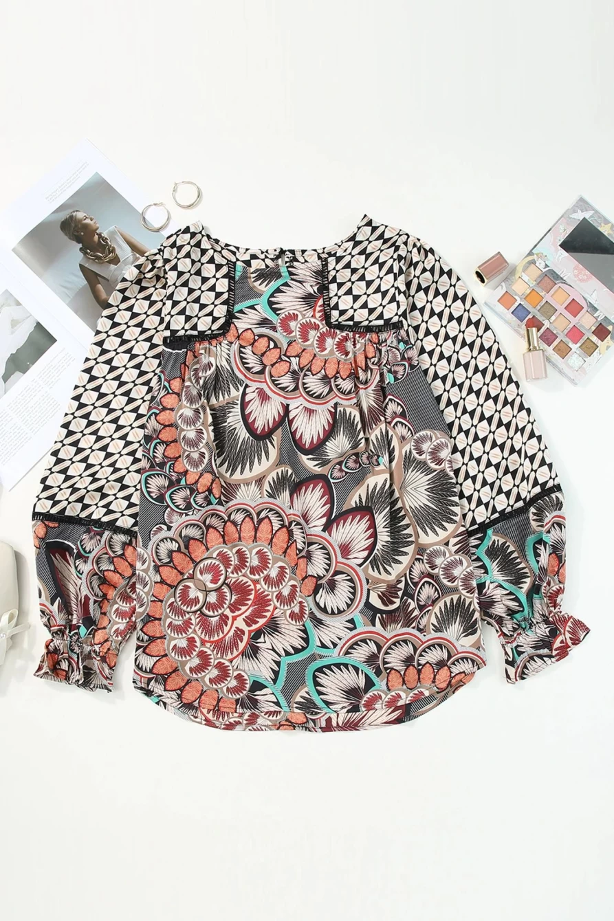 "SheWin Women's Black Bohemian Patterned Long Sleeve Pullover Blouse"