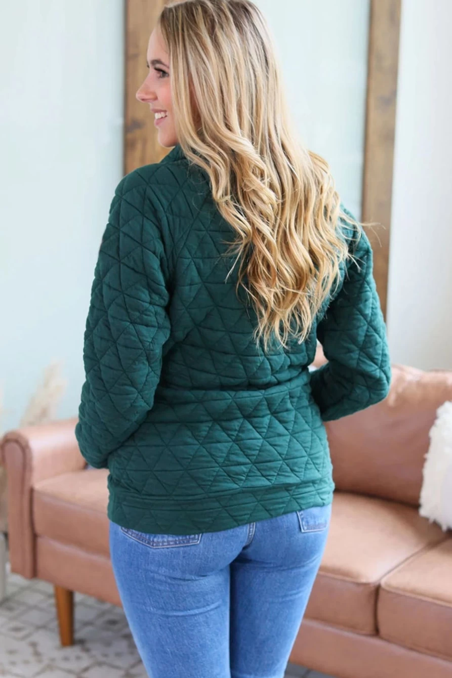 Shewin Women's Plus Size Quilted Henley Sweatshirt with Pockets in Blackish Green
