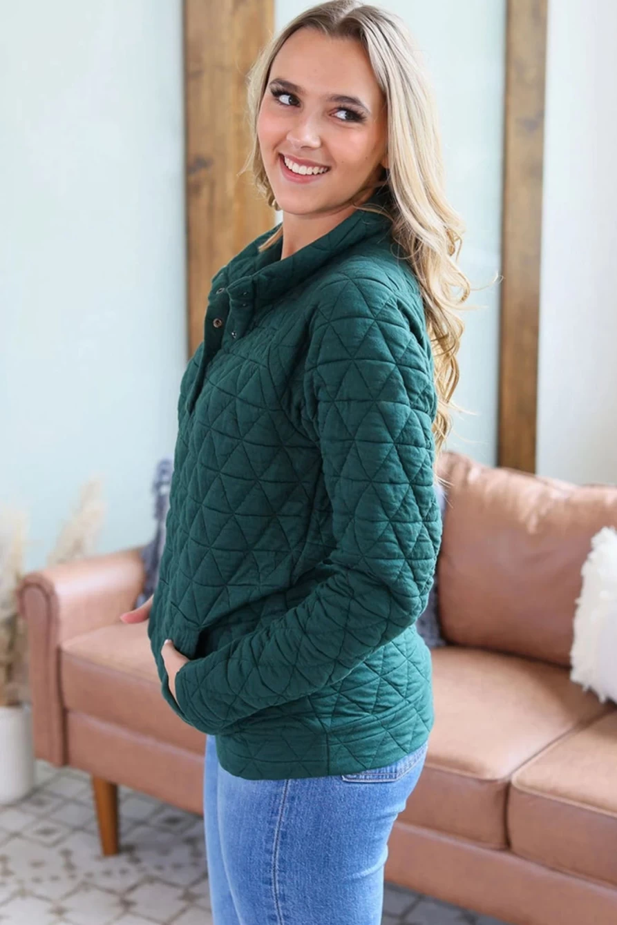 Shewin Women's Plus Size Quilted Henley Sweatshirt with Pockets in Blackish Green