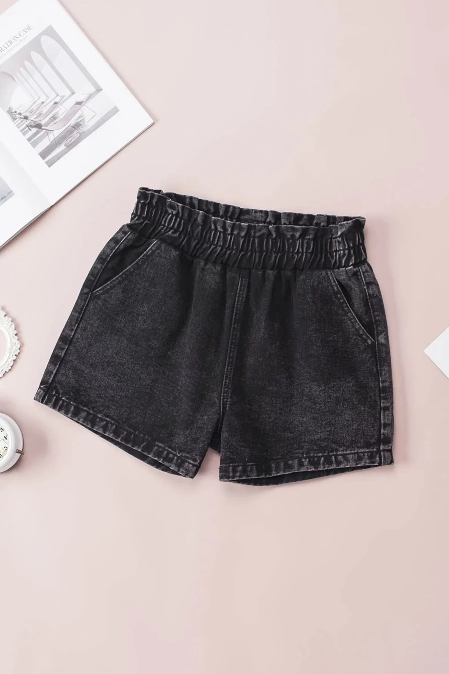 Shewin Women's Black High Waist Bleached Denim Shorts with Frill Detail and Pockets