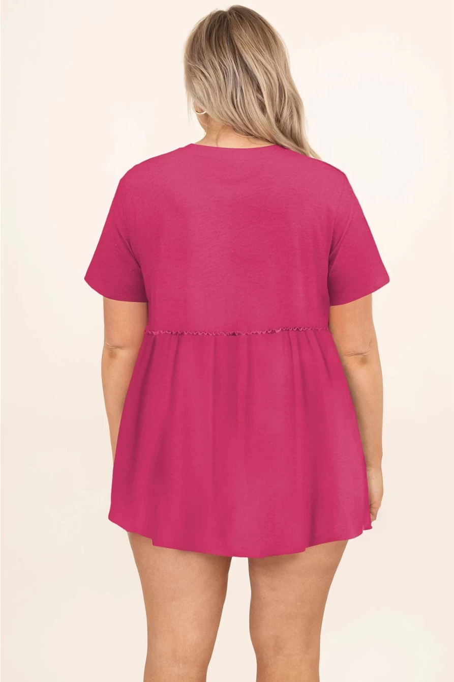 Shewin Women's Rose Red Flowy Plus Size Short Sleeve Solid Color Top