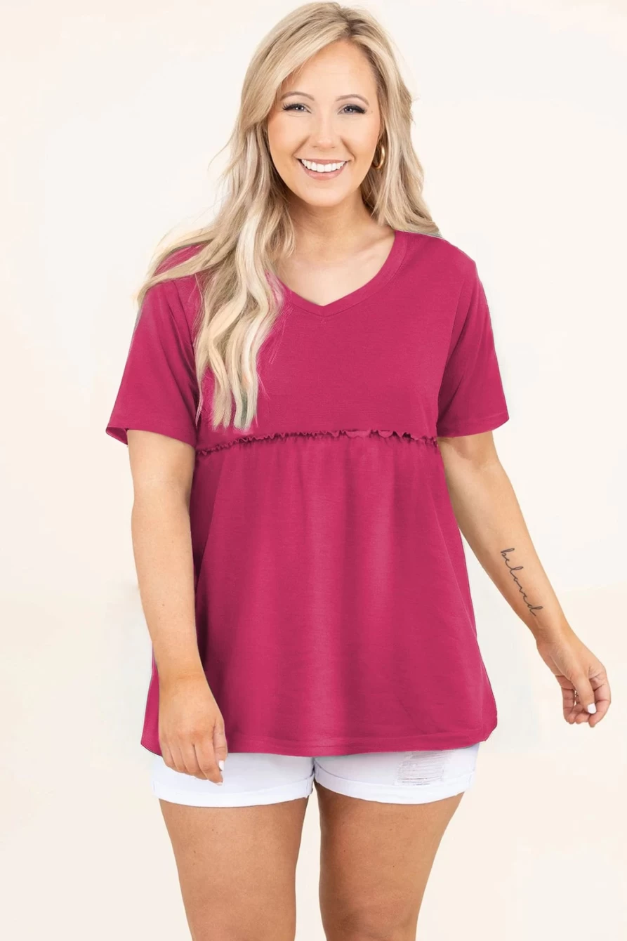 Shewin Women's Rose Red Flowy Plus Size Short Sleeve Solid Color Top