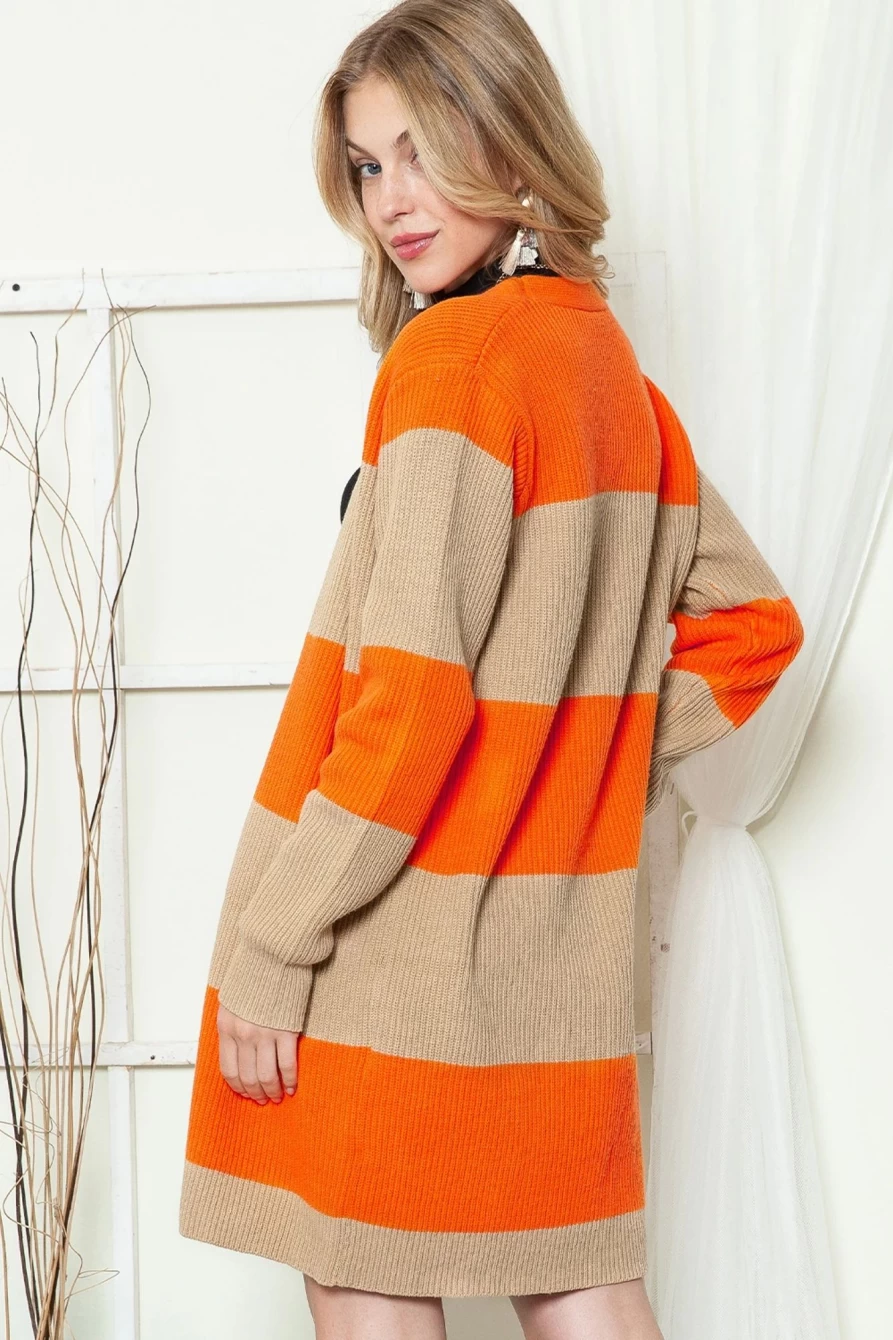Women's Orange Colorblock Ribbed Knit Open Front Cardigan - Shewin
