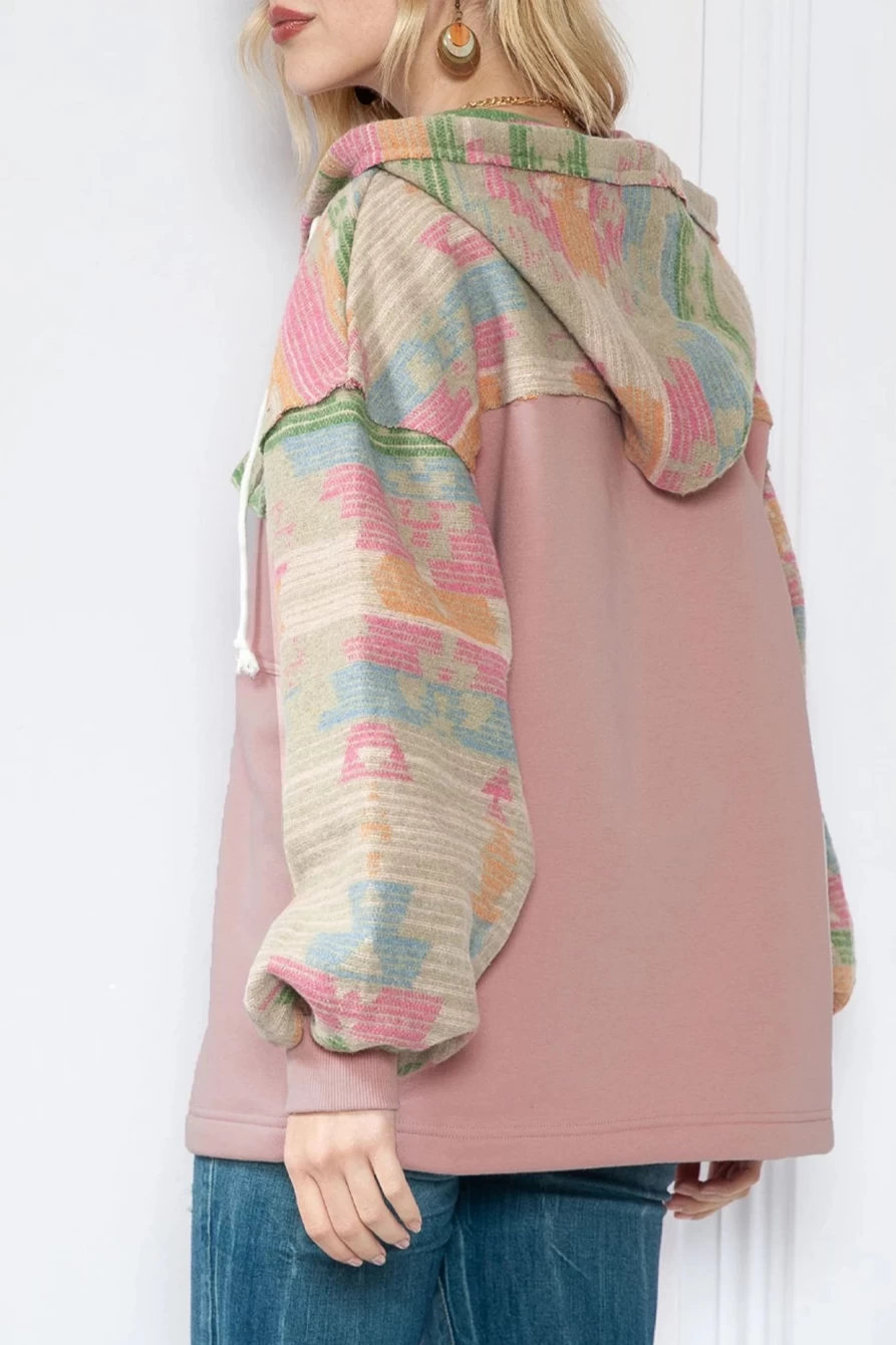 Shewin Women's Light Pink Geometric Patchwork Zip-Up Hooded Jacket