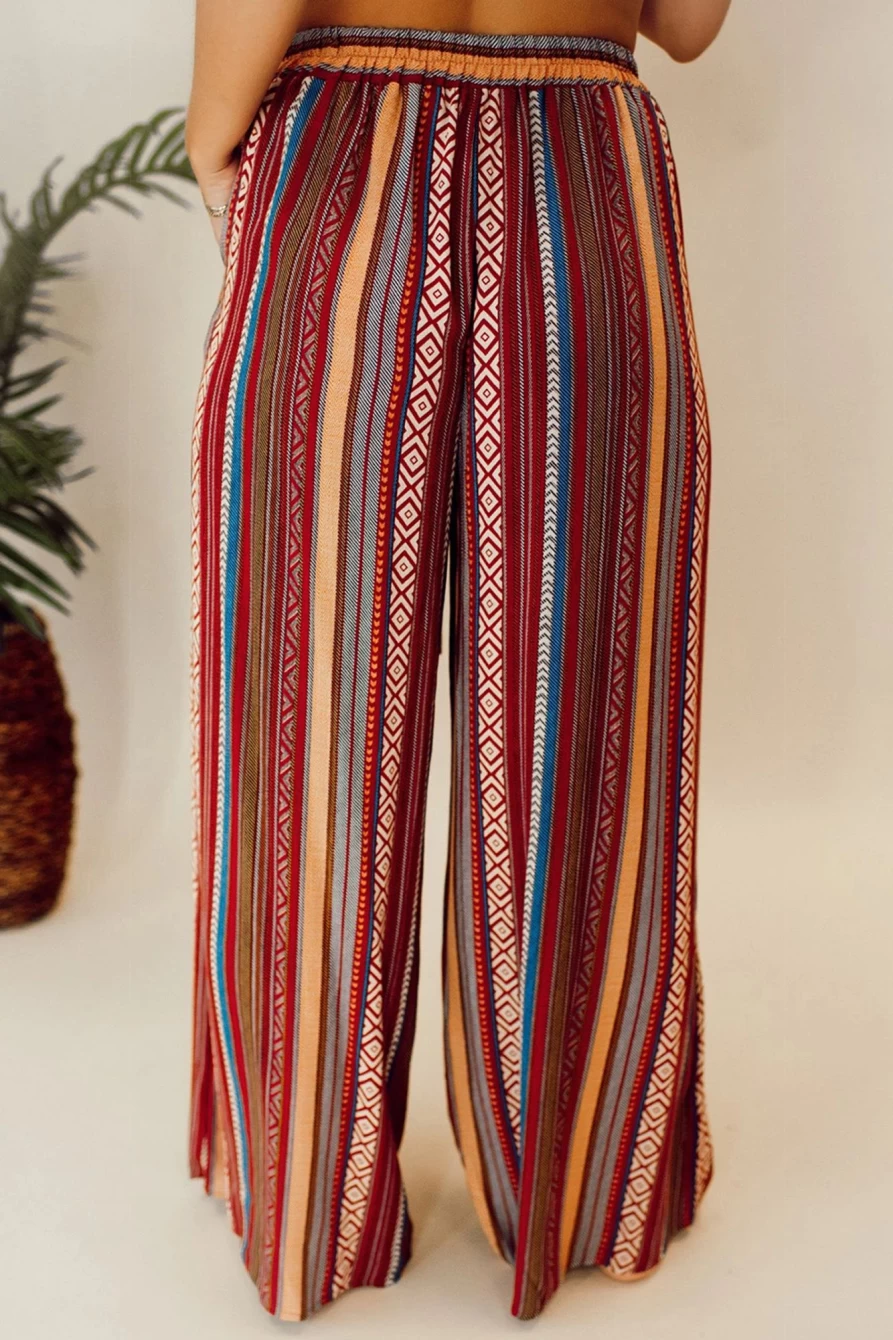 Shewin Women's Red Boho Striped Print Tie Waist Wide Leg Pants
