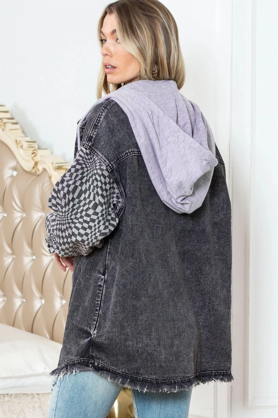Shewin Women's Gray Checked Patchwork Raw Hem Denim Hooded Jacket