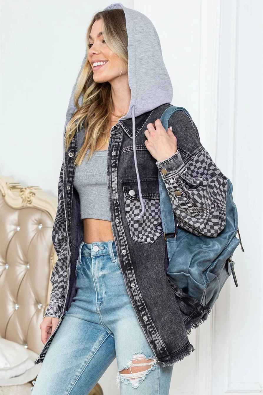 Shewin Women's Gray Checked Patchwork Raw Hem Denim Hooded Jacket