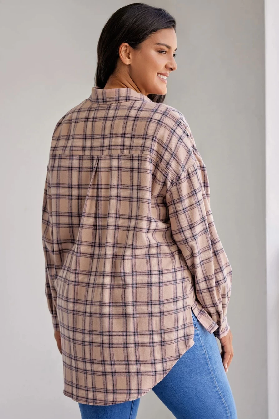 Shewin Women's Pink Plus Size Plaid Oversized Tunic Shirt with Button Front