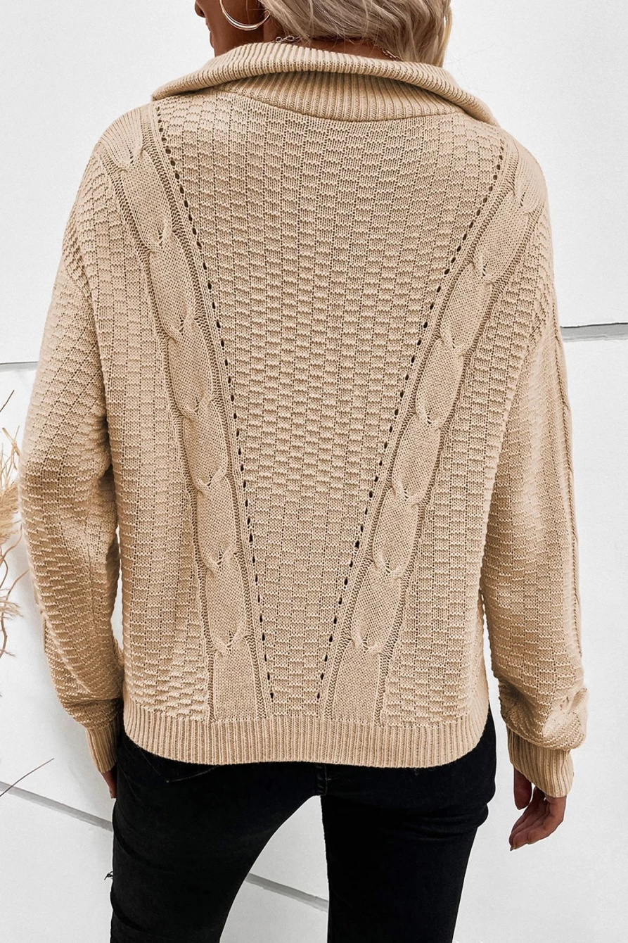 Shewin Women's Apricot Zipped Stand Collar Cable Knit Sweater
