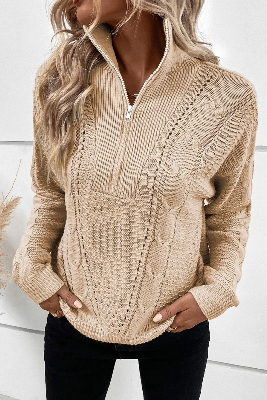 Shewin Women's Apricot Zipped Stand Collar Cable Knit Sweater