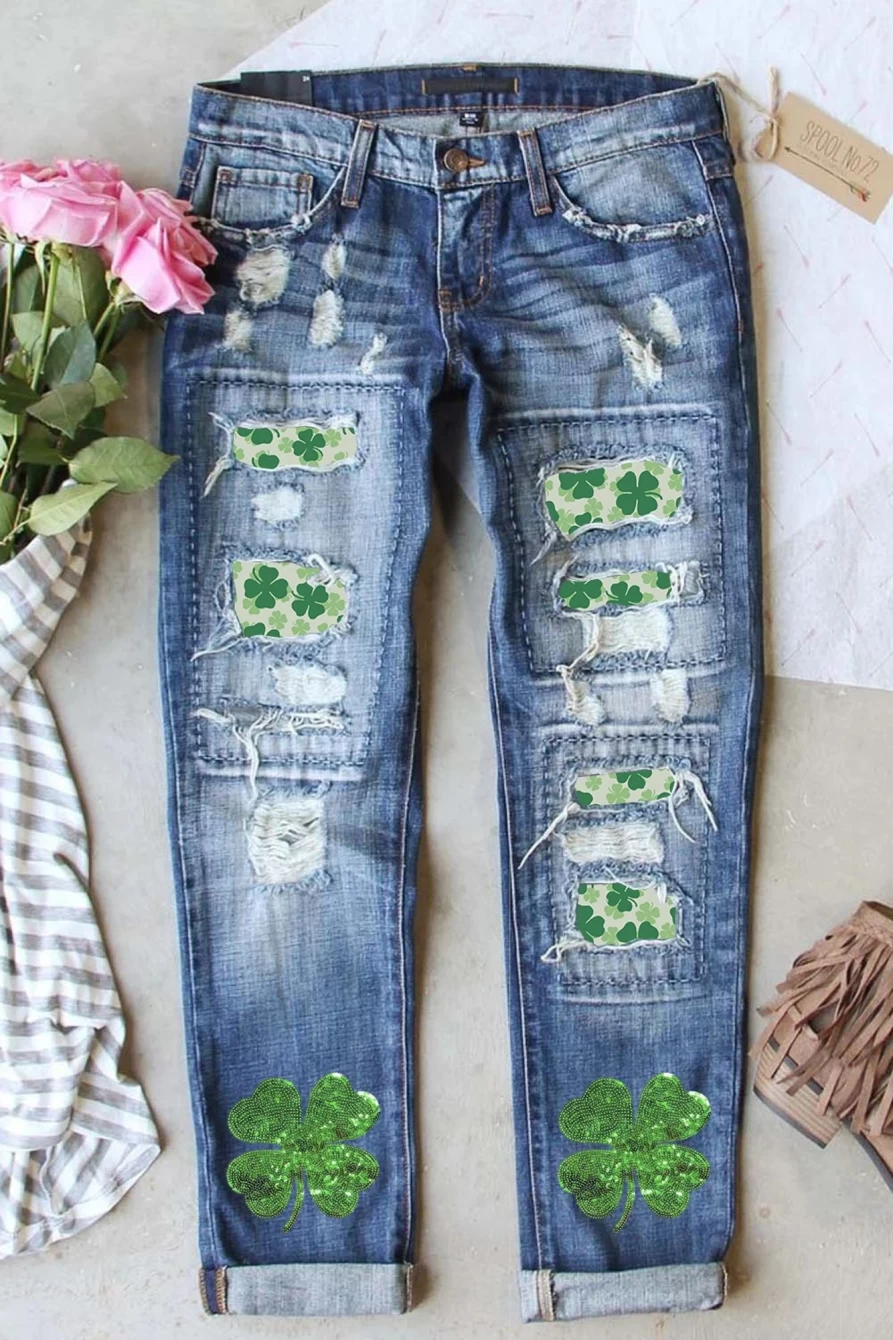 Shewin Women's Sky Blue Distressed Jeans with St Patricks Clover Graphic Patchwork & Sequin Details