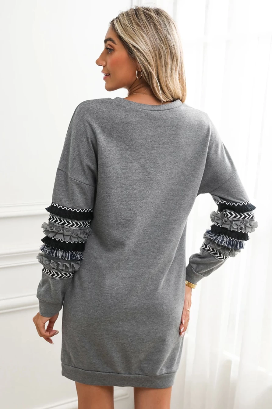 Shewin Women's Dark Grey Ruffle Patchwork Sleeve Sweatshirt Dress