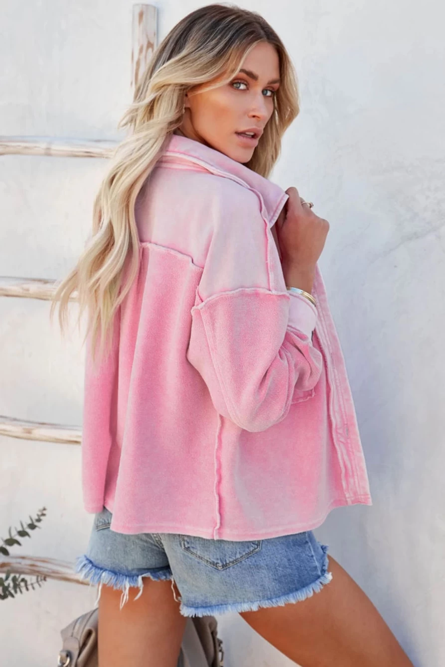 Women's Pink Turn-Down Collar Pocket Shirt Jacket by Shewin - Stylish Casual Outerwear