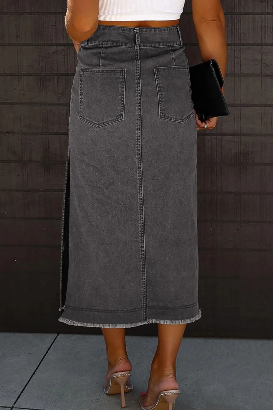 Women's Black Raw Edge Denim Skirt with Side Slits & Button Detail by Shewin