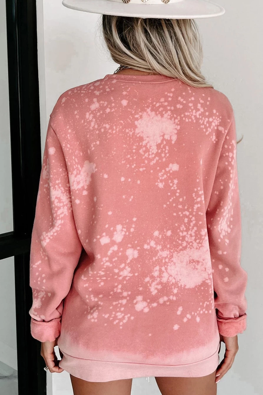 Women's Pink Christmas Santa Claus Graphic Bleached Sweatshirt - Shewin Holiday Crewneck