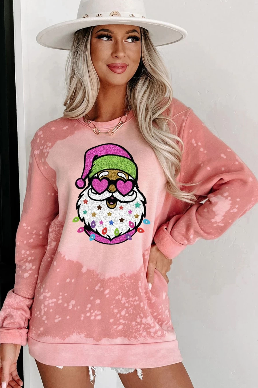 Women's Pink Christmas Santa Claus Graphic Bleached Sweatshirt - Shewin Holiday Crewneck