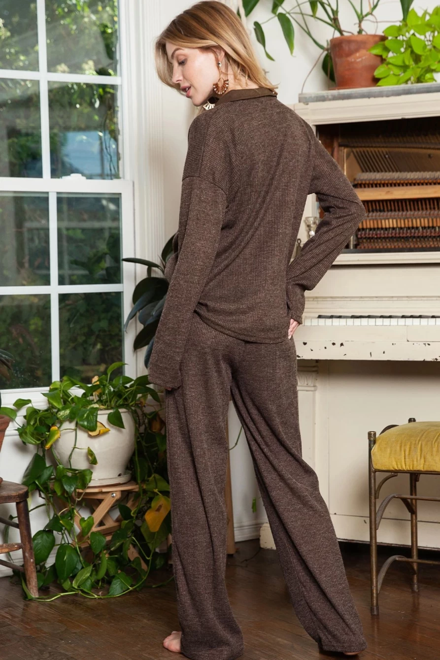 "SheWin Women's Brown Ribbed Henley Shirt & Wide Leg Pants Lounge Set - Comfortable Loungewear Outfit"