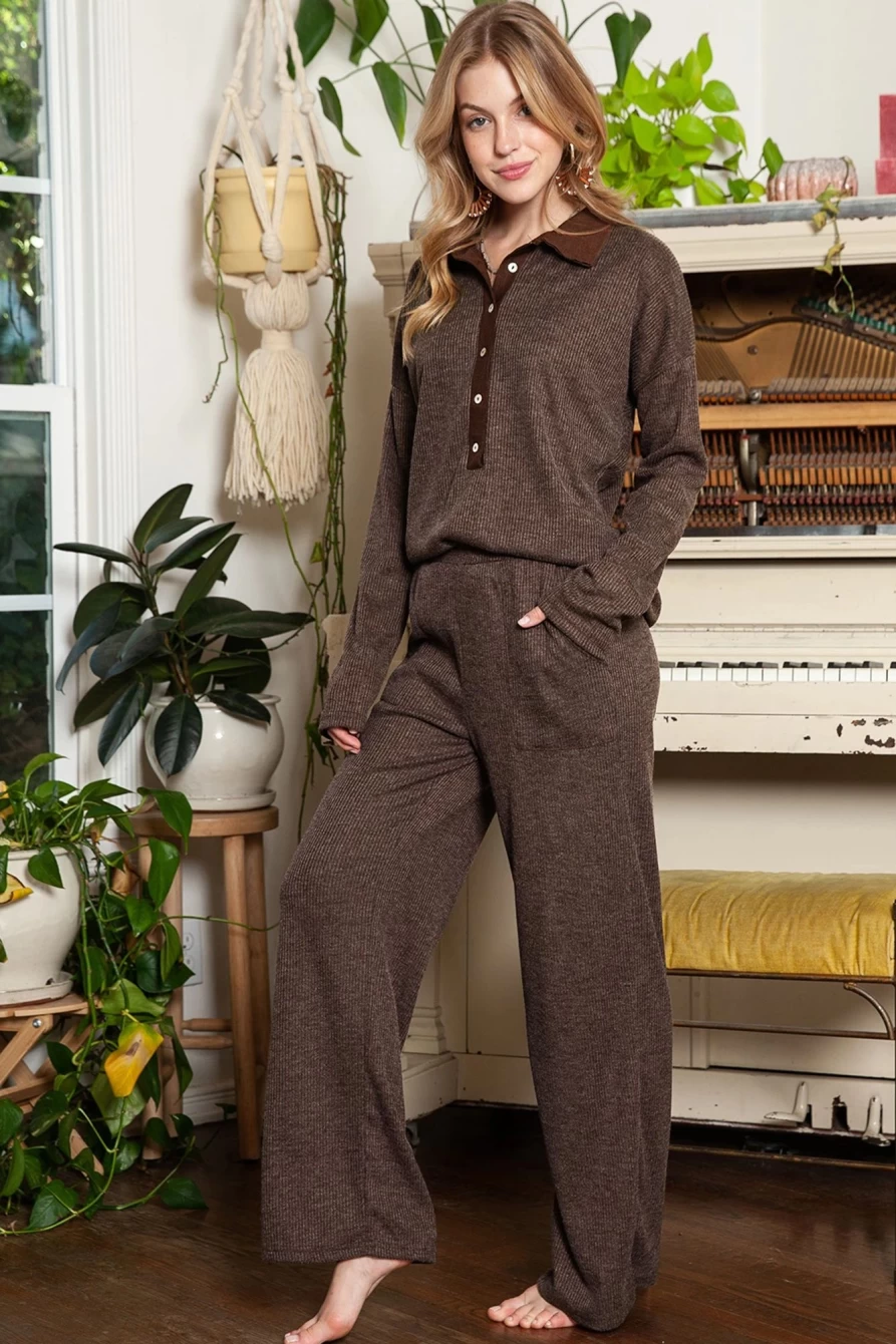 "SheWin Women's Brown Ribbed Henley Shirt & Wide Leg Pants Lounge Set - Comfortable Loungewear Outfit"
