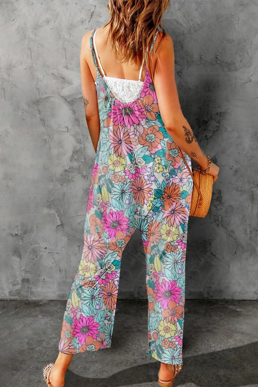 Shewin Women's Multicolor Floral Print Spaghetti Strap Wide Leg Jumpsuit for Summer