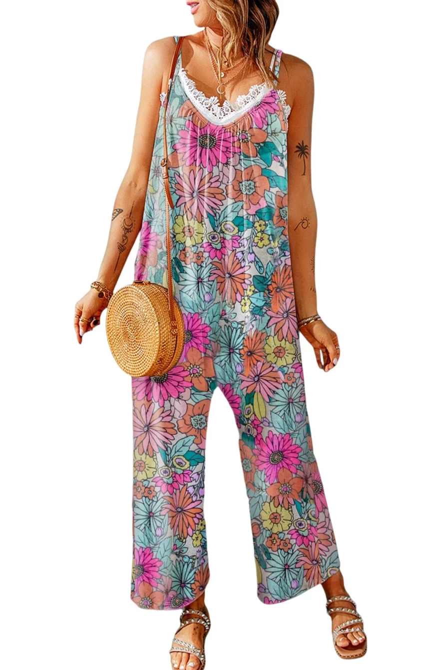 Shewin Women's Multicolor Floral Print Spaghetti Strap Wide Leg Jumpsuit for Summer