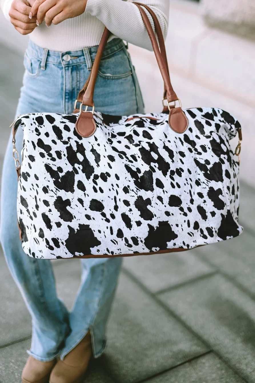 Shewin Women's White Leather Tote Bag with Animal Print Spots - Stylish Handbag for Women