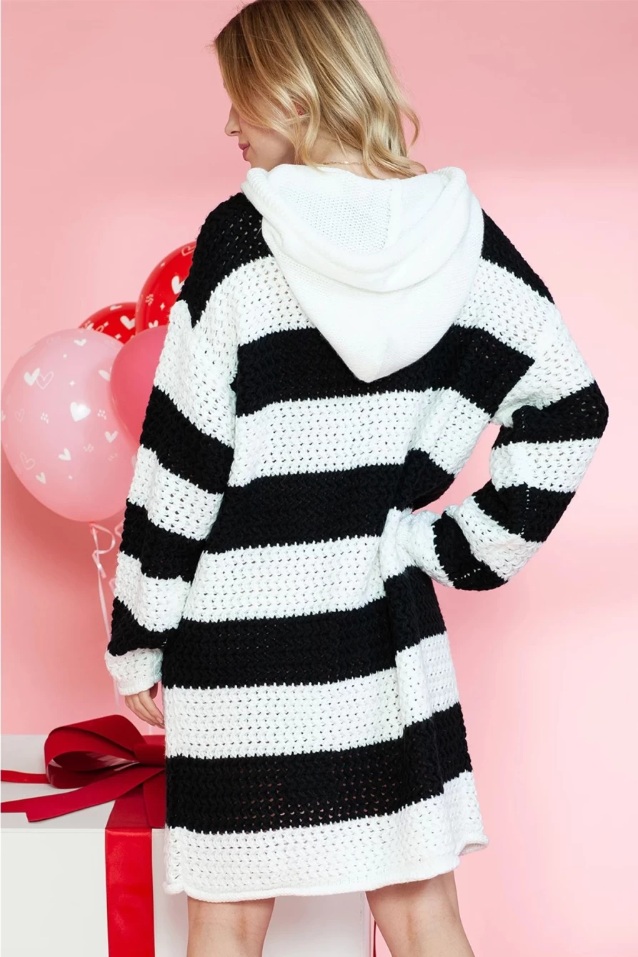 Shewin Women's Black and White Striped Hooded Knitted Sweater Dress