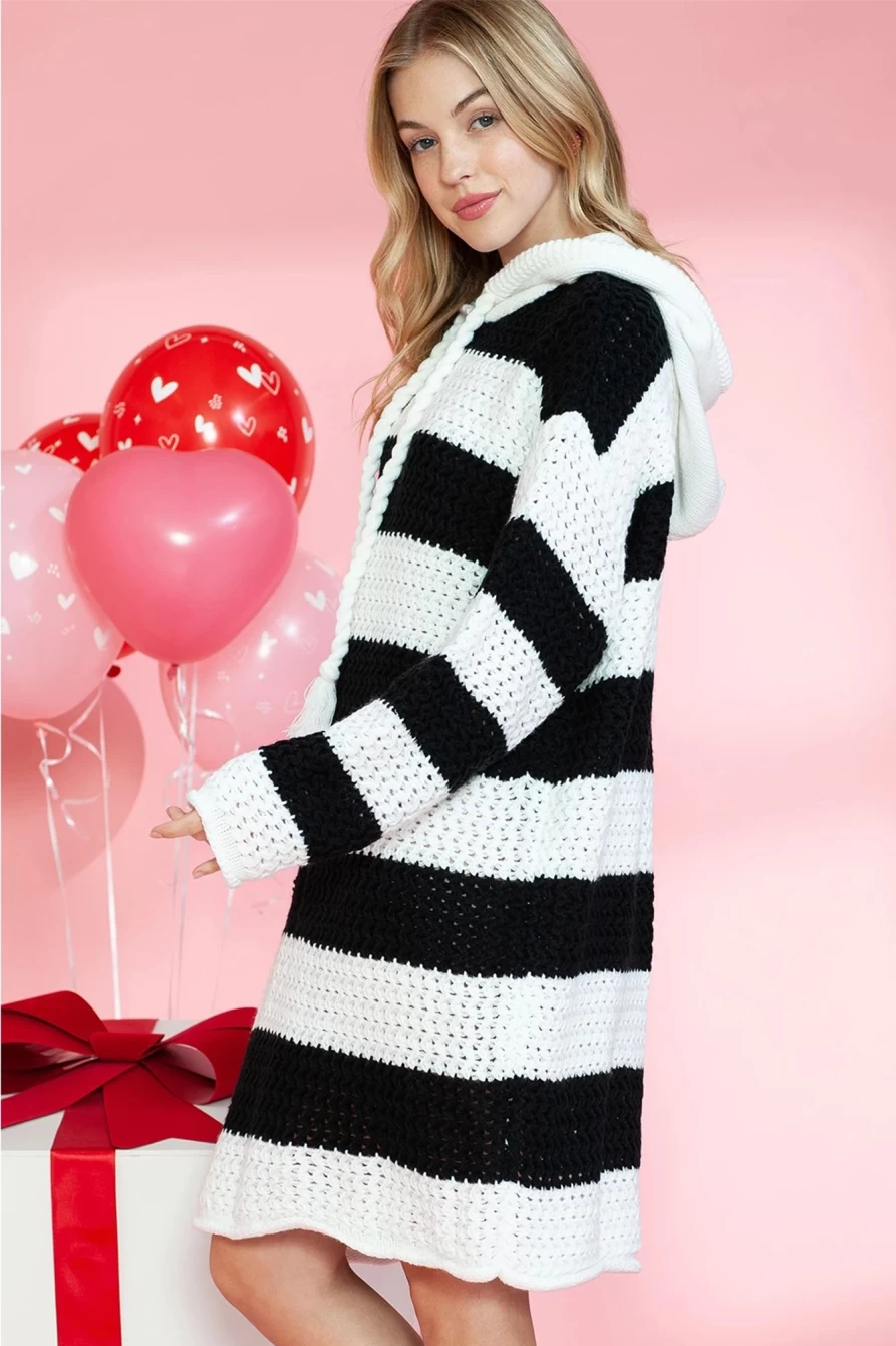Shewin Women's Black and White Striped Hooded Knitted Sweater Dress