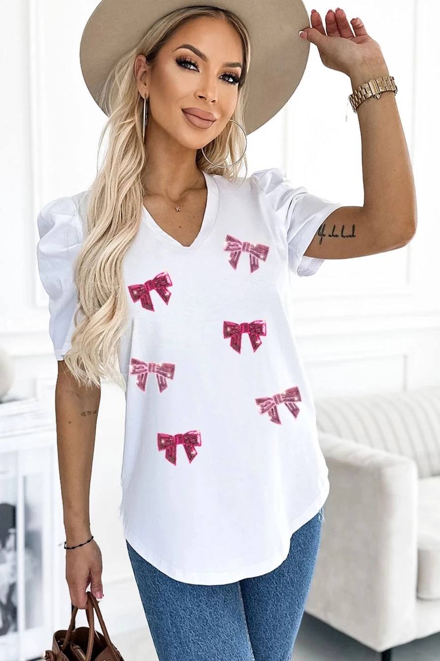 Shewin Women's White Sequin Bow Embellished Graphic Puff Sleeve T-Shirt