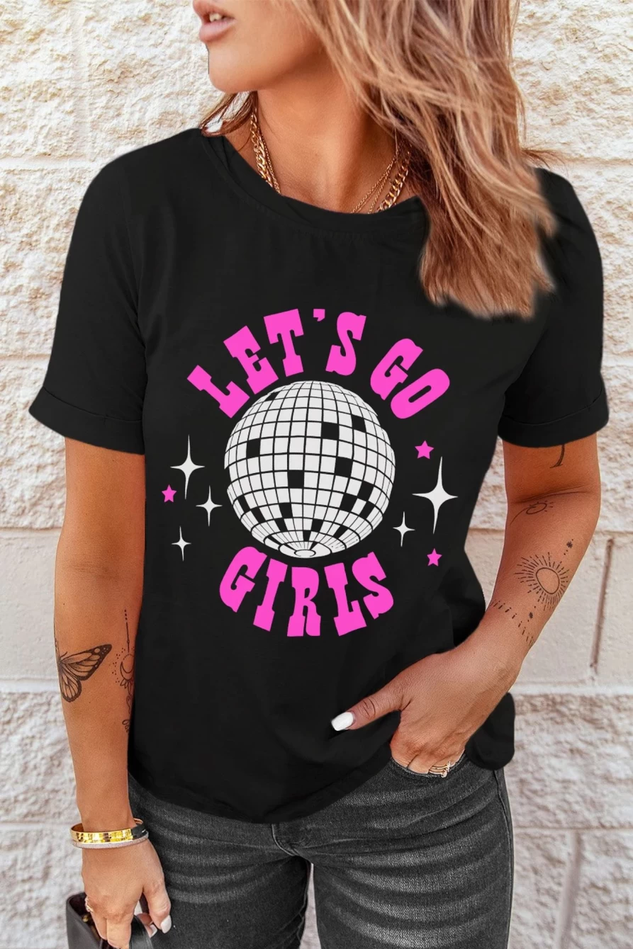 Shewin Women's Black Disco Casual Graphic Tee - Fun "Let's Go Girls" Design
