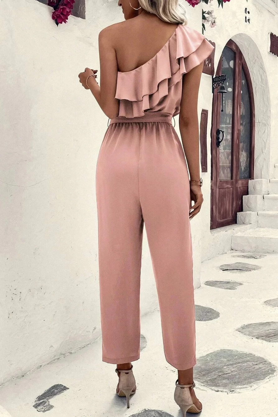 Shewin Women's Dusty Pink Asymmetric Shoulder Ruffle Trim Belted Jumpsuit