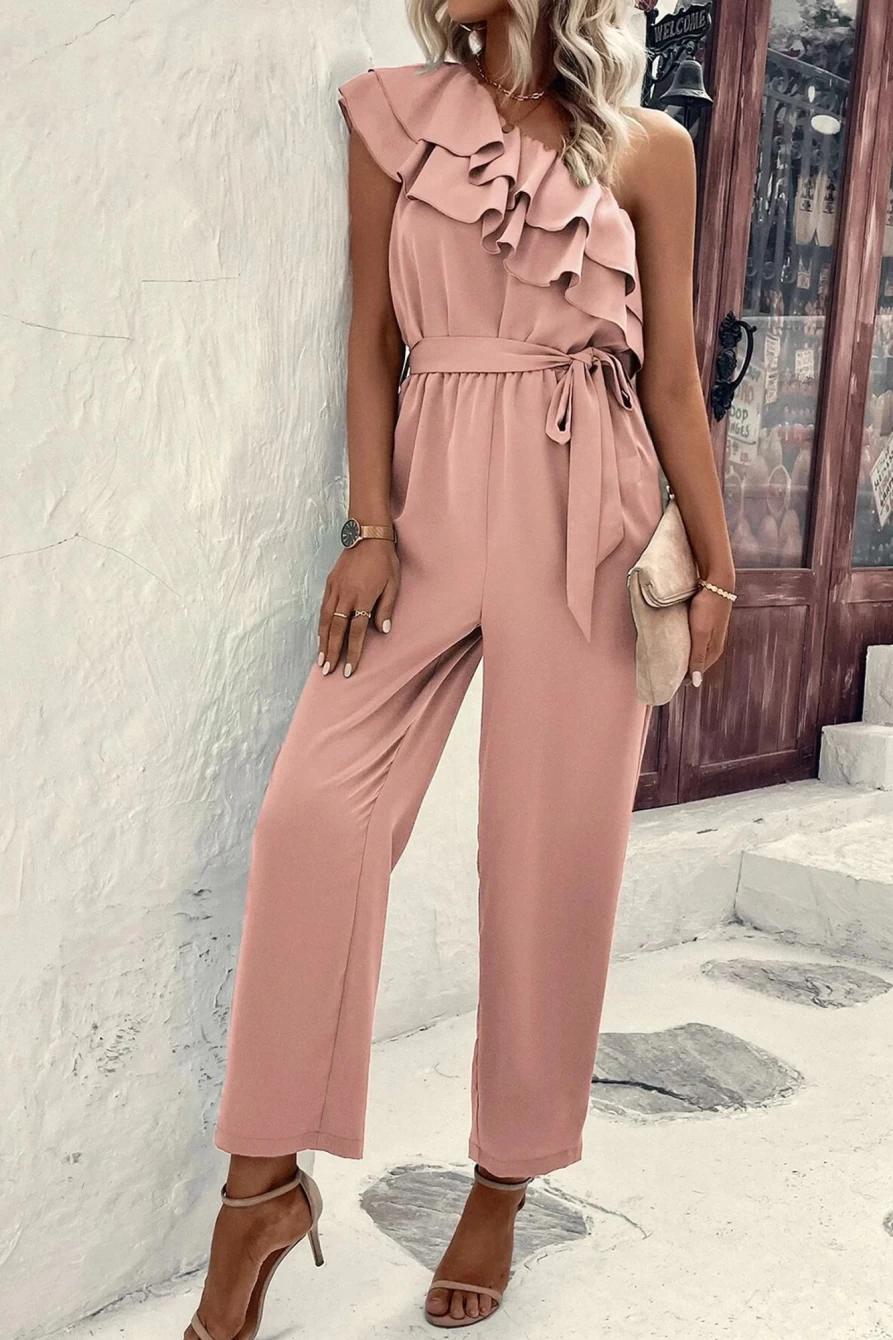 Shewin Women's Dusty Pink Asymmetric Shoulder Ruffle Trim Belted Jumpsuit