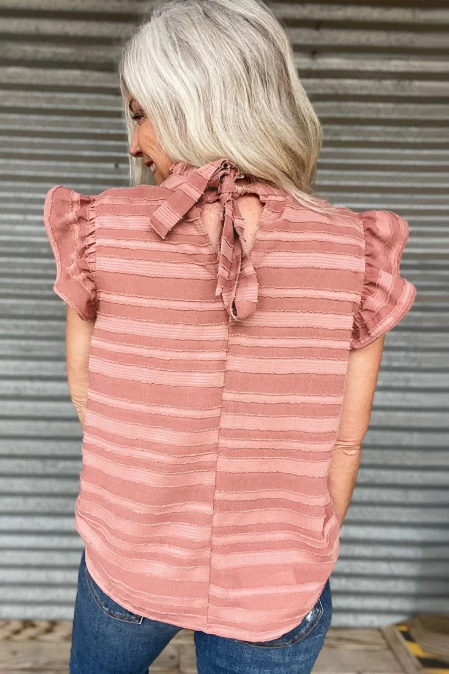 Shewin Women's Coral Paradise Textured Striped Ruffle Top with Frill Neck Knot Detail