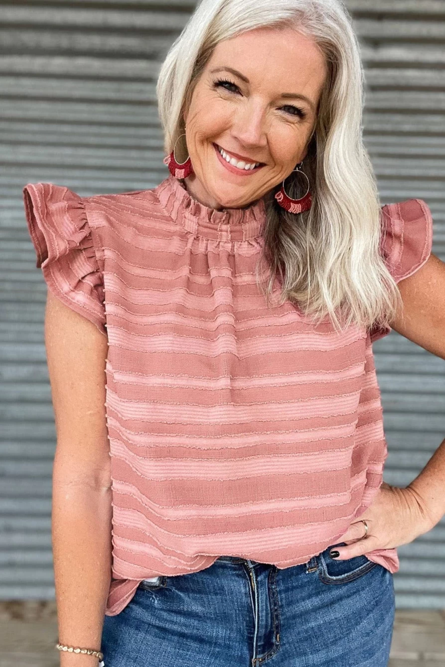 Shewin Women's Coral Paradise Textured Striped Ruffle Top with Frill Neck Knot Detail