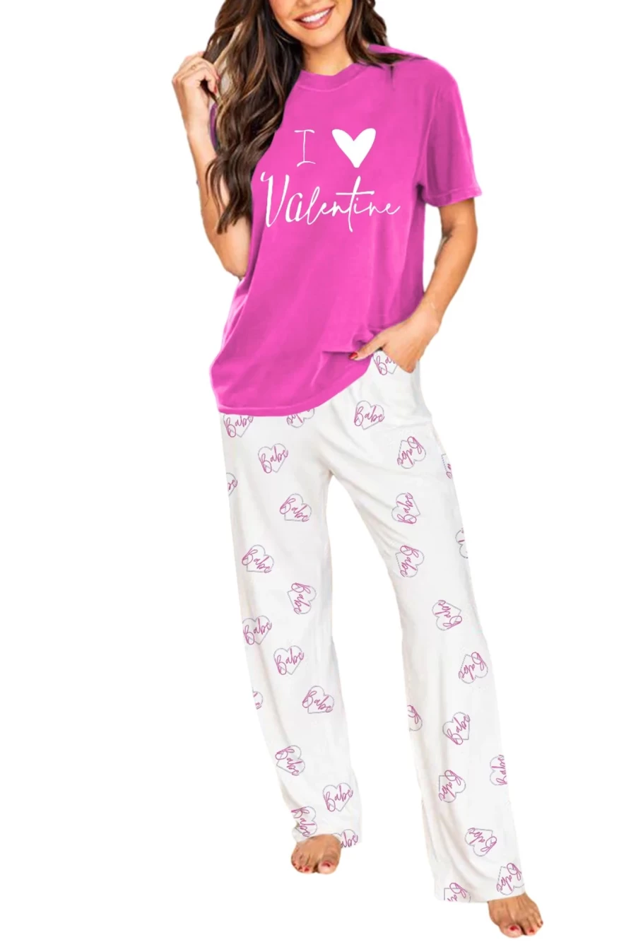 "Shewin Women's Bonbon Purple Valentine Letter Print T-Shirt & White Heart Print Pants Outfit Set"