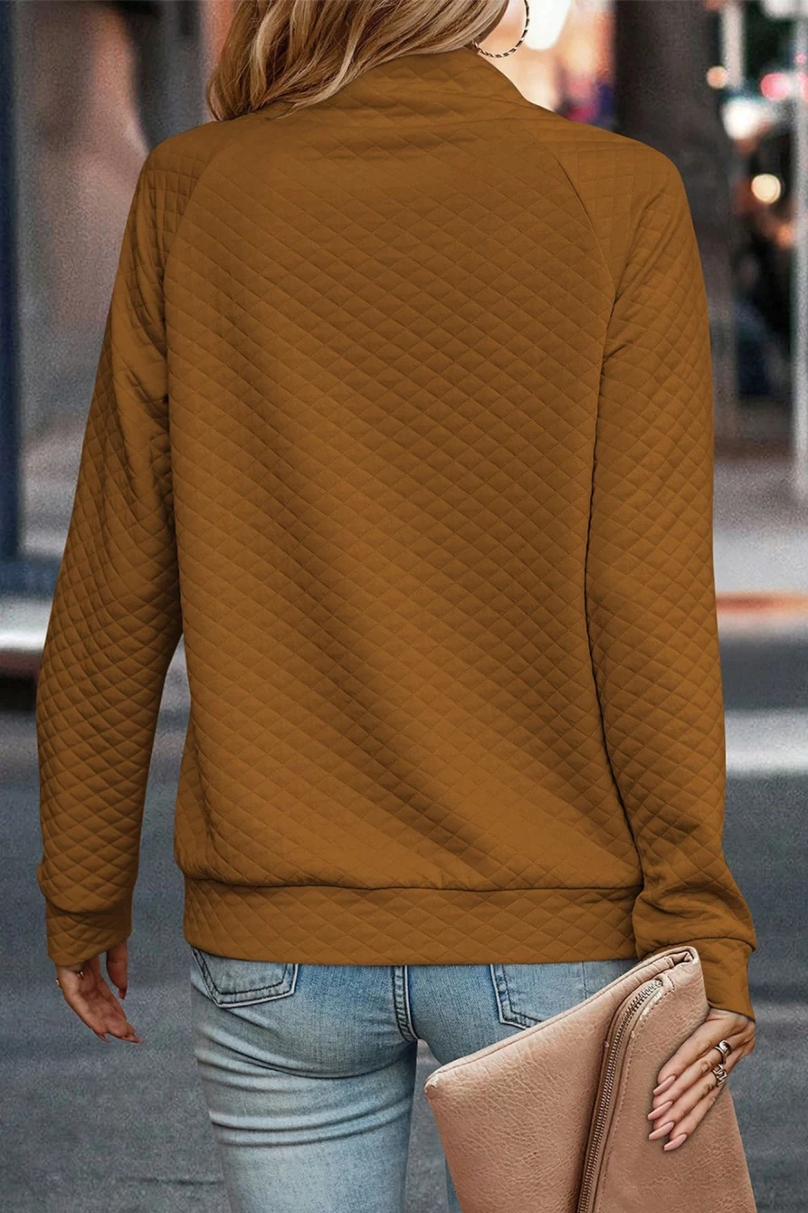 Shewin Women's Chestnut Quilted Button-Detail Pullover Sweatshirt