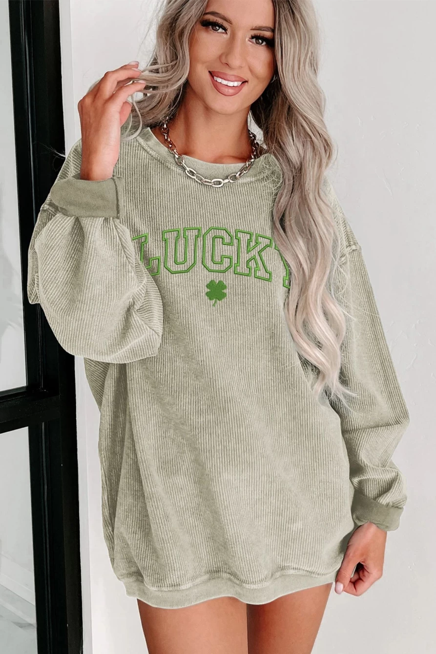 "Shewin Women's Green Lucky Clover Graphic Crewneck Sweatshirt"