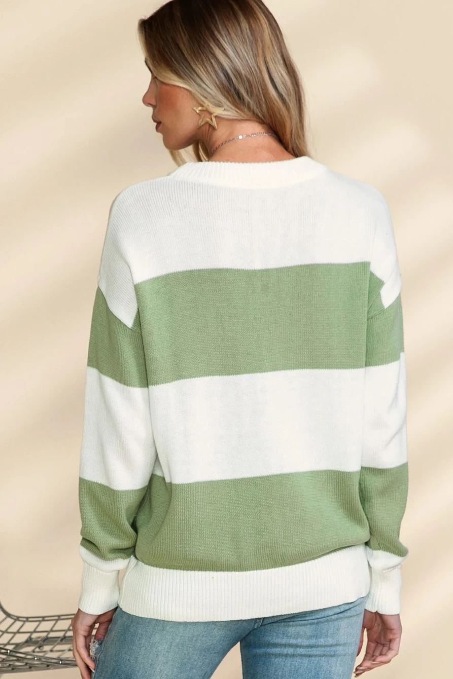 Shewin Women's Striped Loose Knit Sweater with Drop Sleeve and Patchwork Design