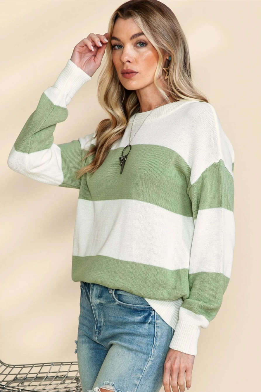 Shewin Women's Striped Loose Knit Sweater with Drop Sleeve and Patchwork Design