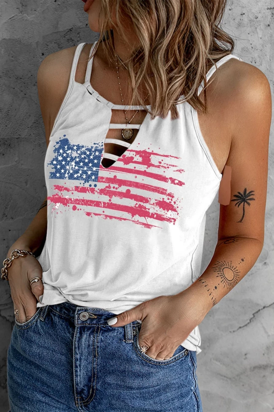 Shewin Women's White Distressed American Flag Spaghetti Strap Tank Top - Vintage Patriotic Sleeveless Shirt