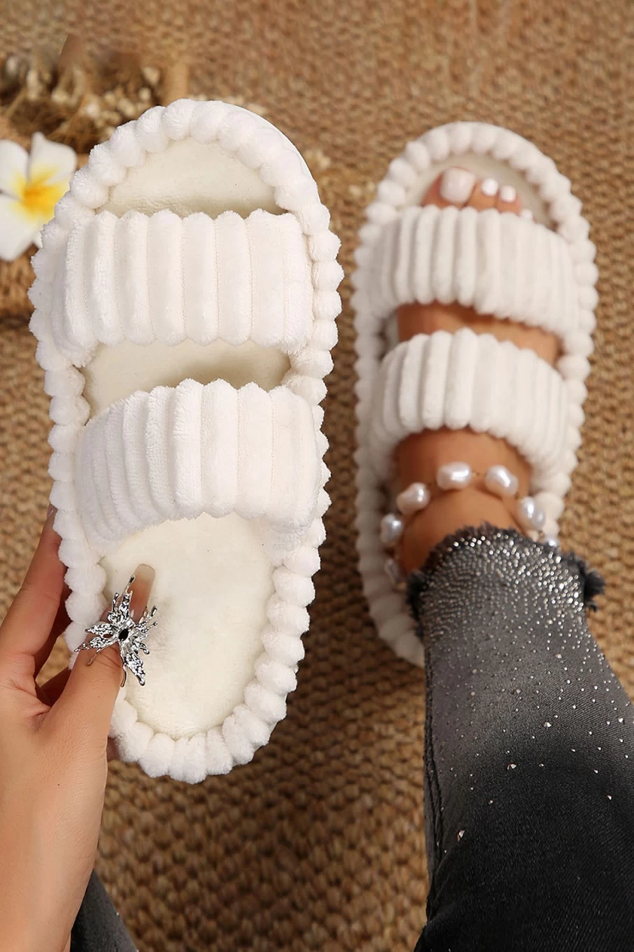 Women's White Casual Soft Ribbed Flat Slippers with Double Straps - Shewin