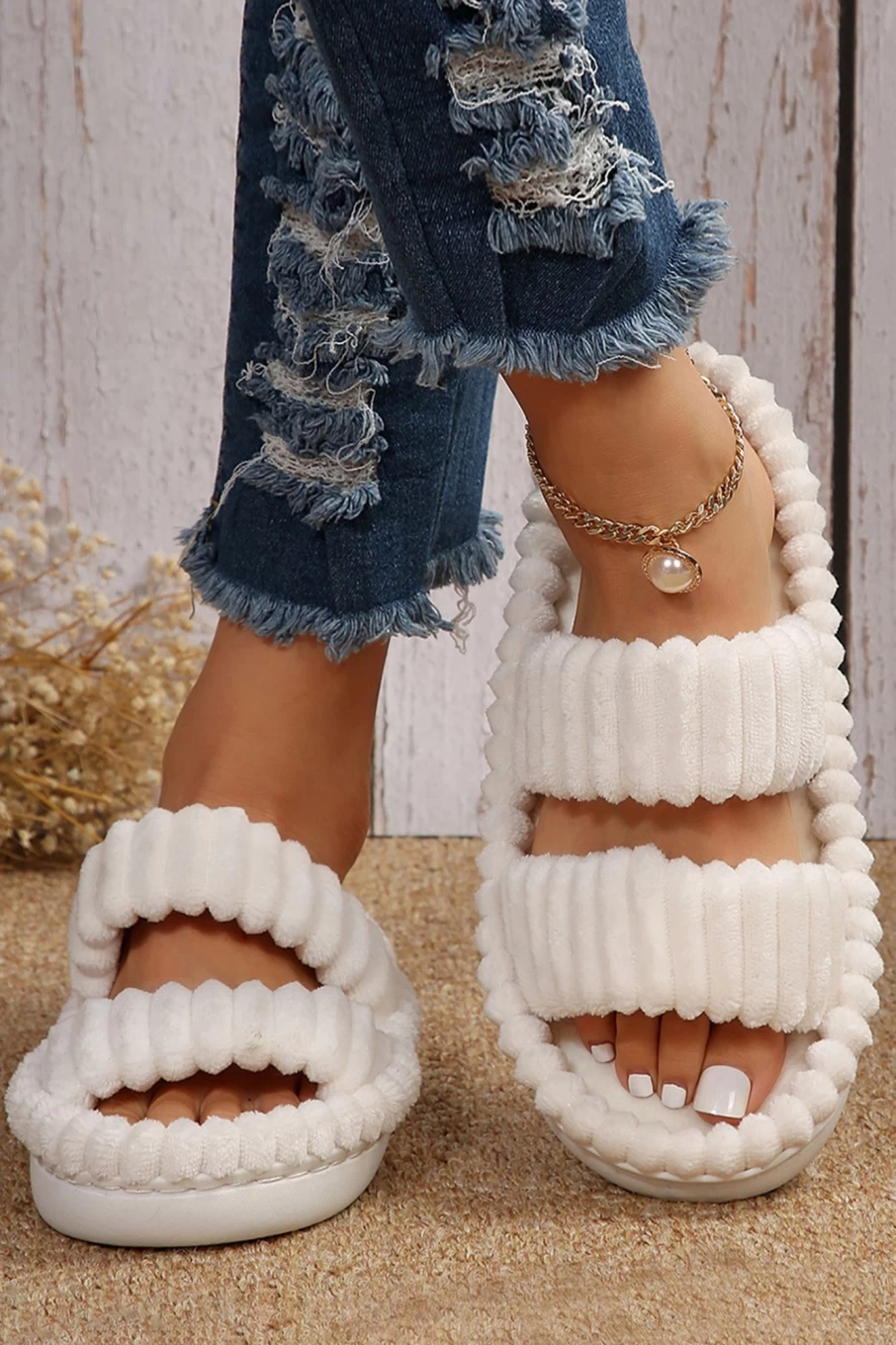 Women's White Casual Soft Ribbed Flat Slippers with Double Straps - Shewin
