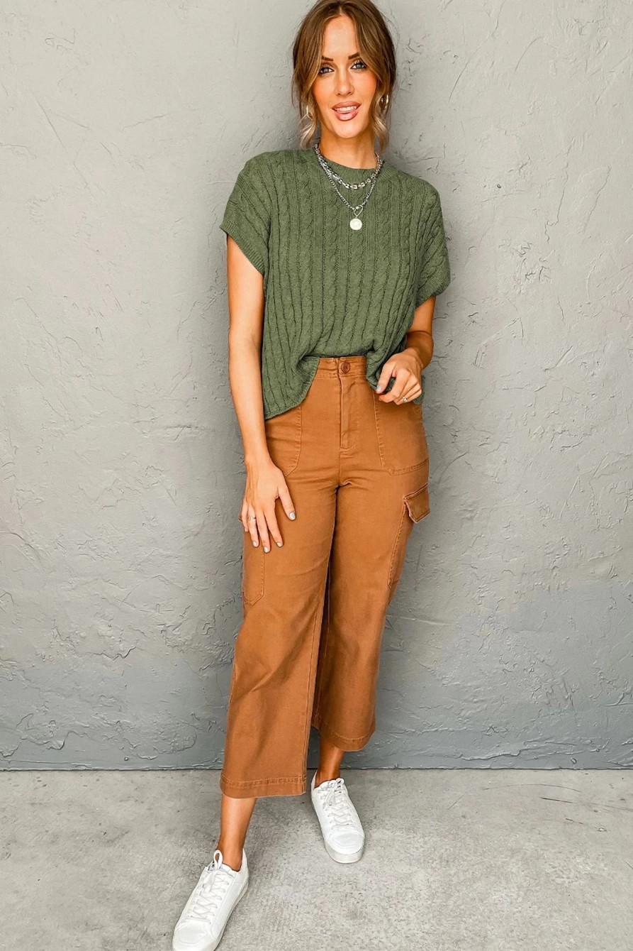 "Shewin Women's Jungle Green Cable Knit Short Sleeve Sweater"