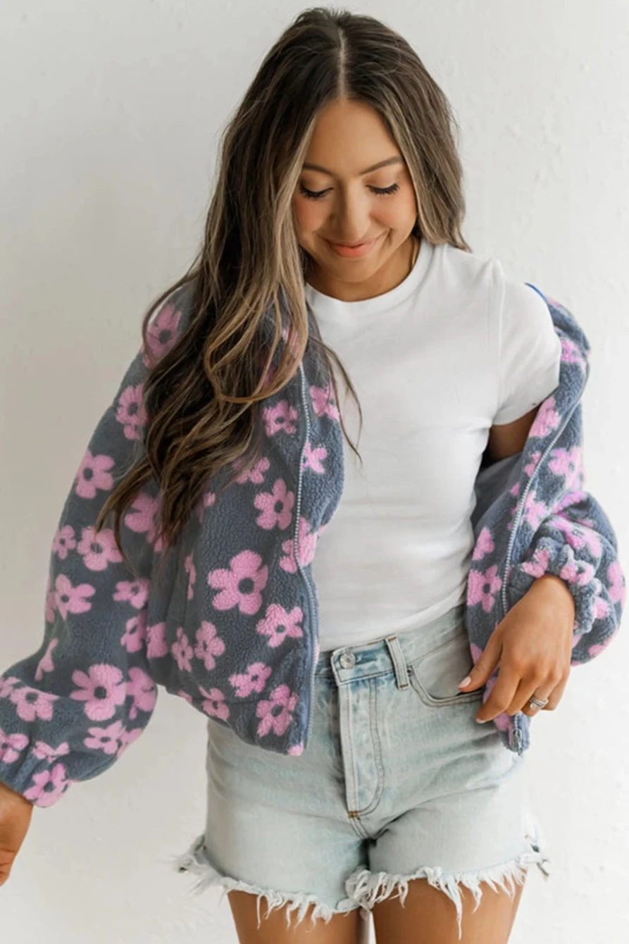 Shewin Women's Multicolour Floral Print Sherpa Zip-Up Jacket