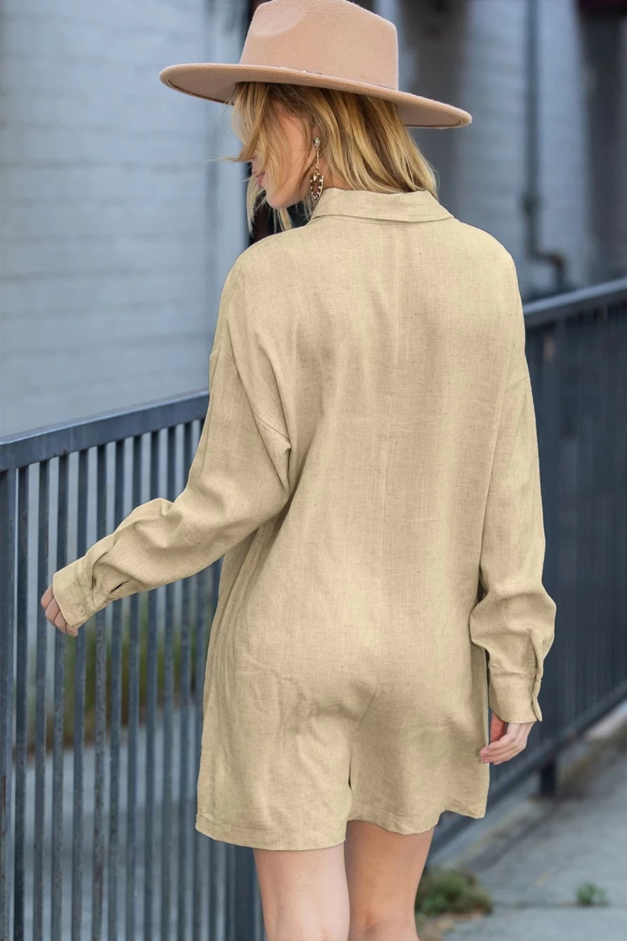 Shewin Women's Beige Solid Color Half Button Romper Jumpsuit